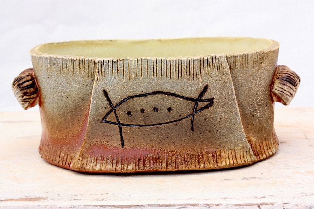 Ceramic Wood-fired Candy Dish with Abstract Carving