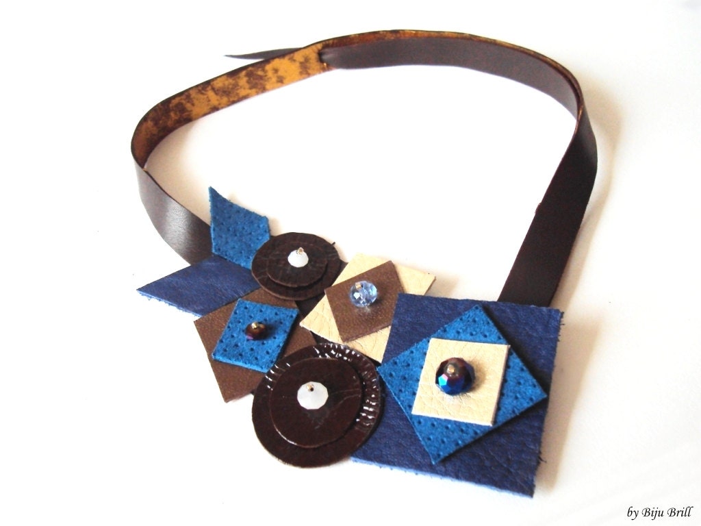Denim Blue Leather Bib Necklace, Geometric Necklace, Blue Brown Necklace, Leather Jewelry, Geometric Jewelry