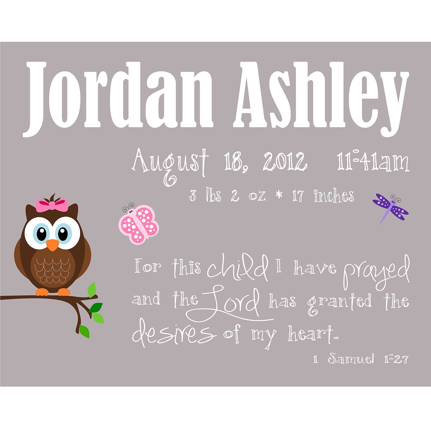 For This Child I Have Prayed - Nursery Print, Nursery Decor (Owl, Butterfly, Dragonfly), 1 Samuel 1:27, 8 x 10 , Customizable