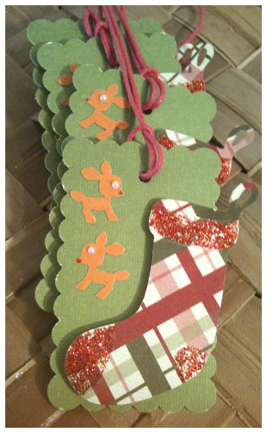 FOUR Red Green Plaid Christmas Stocking Rudolf Rudolph Reindeer Retro Victorian Handmade Holiday Gift Tags