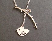 Bird and Branch Necklace - Silver Flowering Branch and Bird Lariat Necklace Jewelry - Graduation Gift