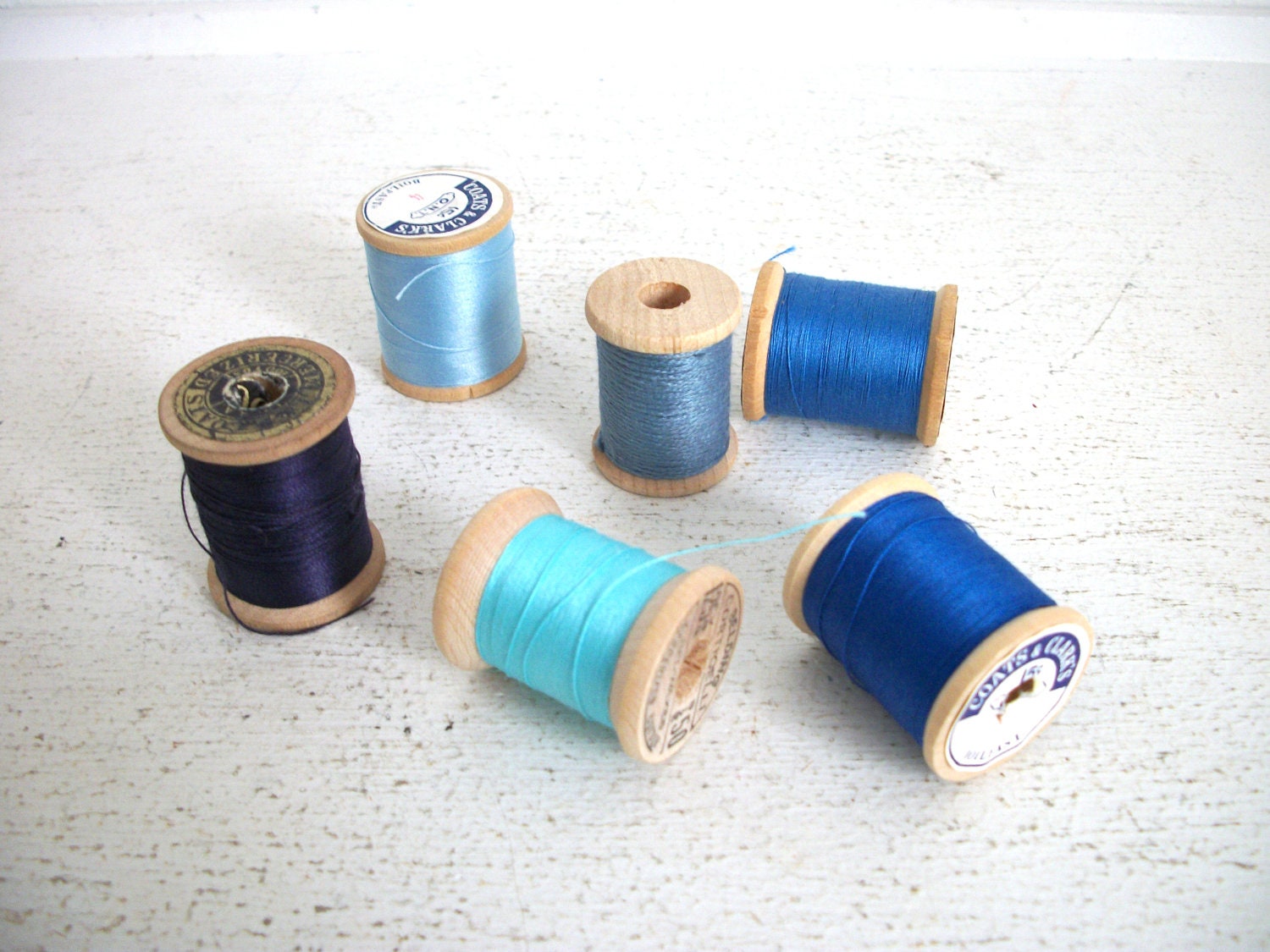 Vintage Wooden Spools of Thread- Blue Collection