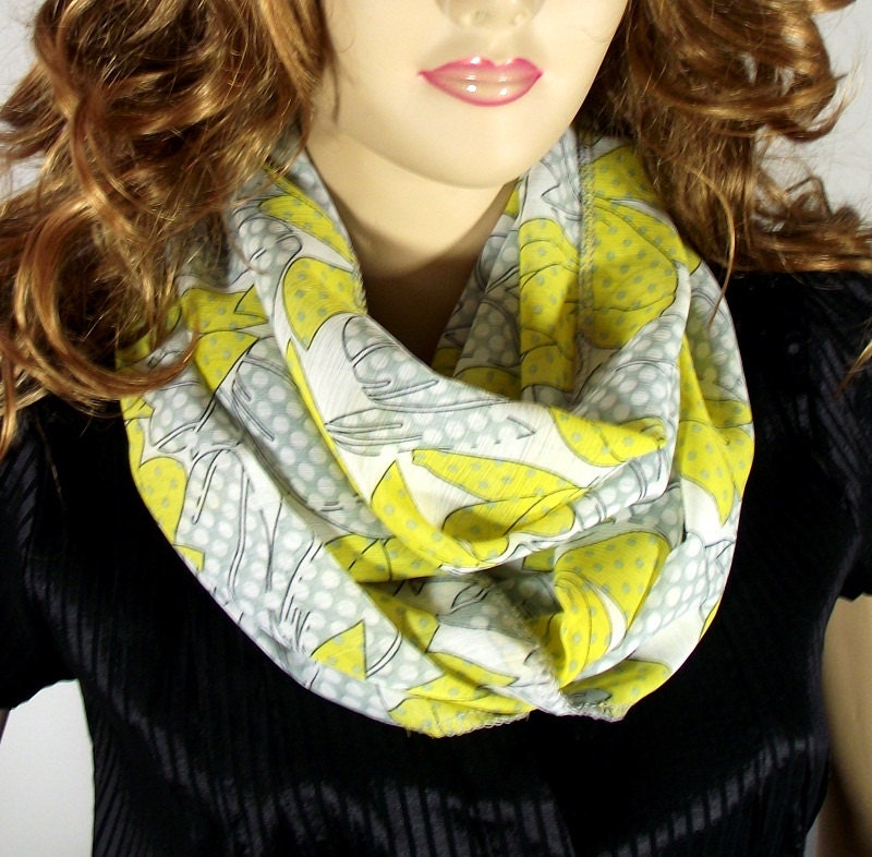 Floral Silk Infinity Scarf, YELLOW GRAY Polkadots Infinity Loop Scarf, Lightweight Circle Scarf Women Fashion Scarves Accessories