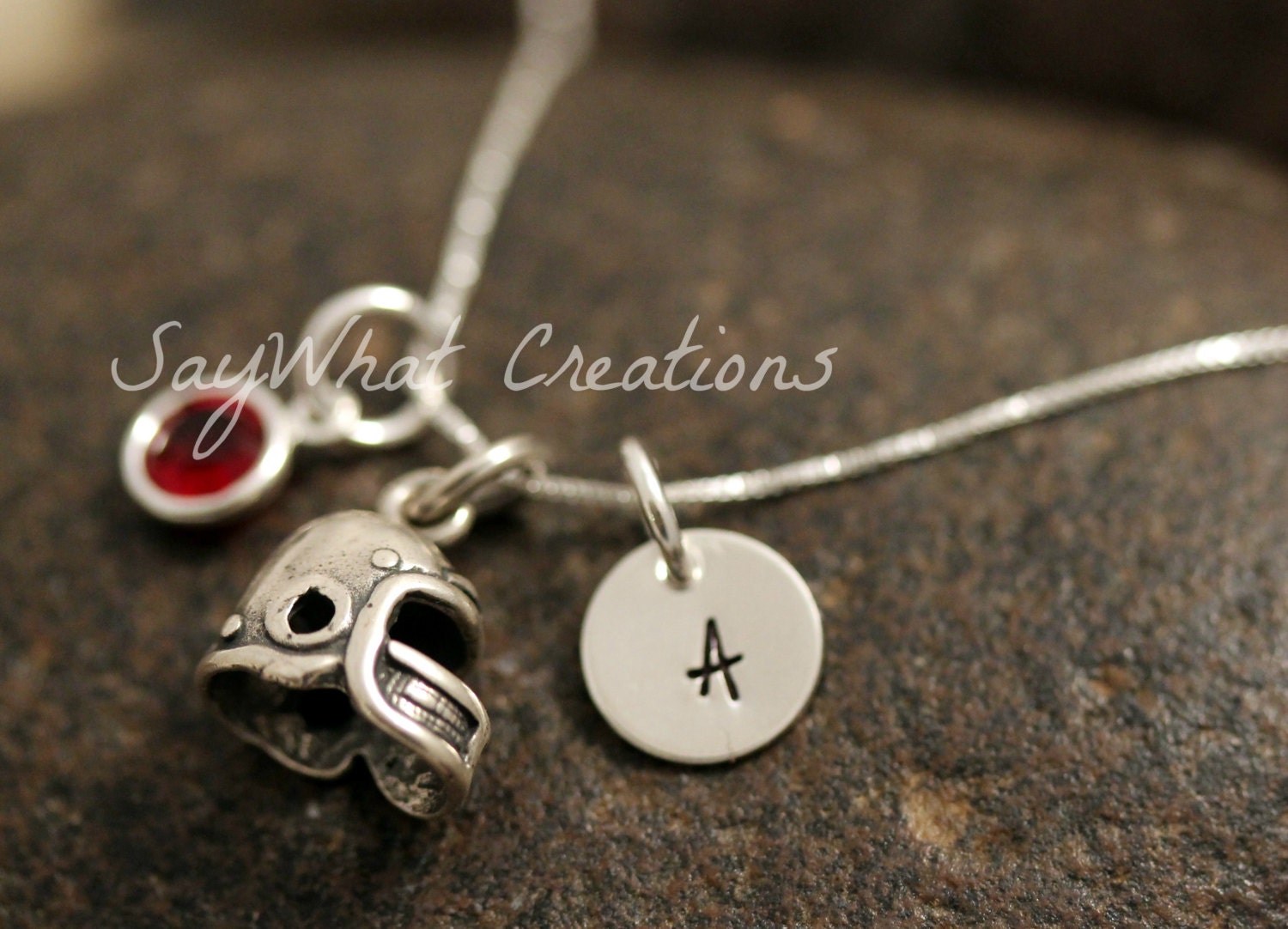 Sterling Silver Mini Initial Charm Necklace with Football Helmet Charm and birthstone