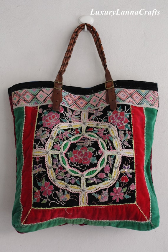 Luxury Lanna Hmong vintage tote bag ethnic miao rare 2 piece flowers summer Hb2012-Z700
