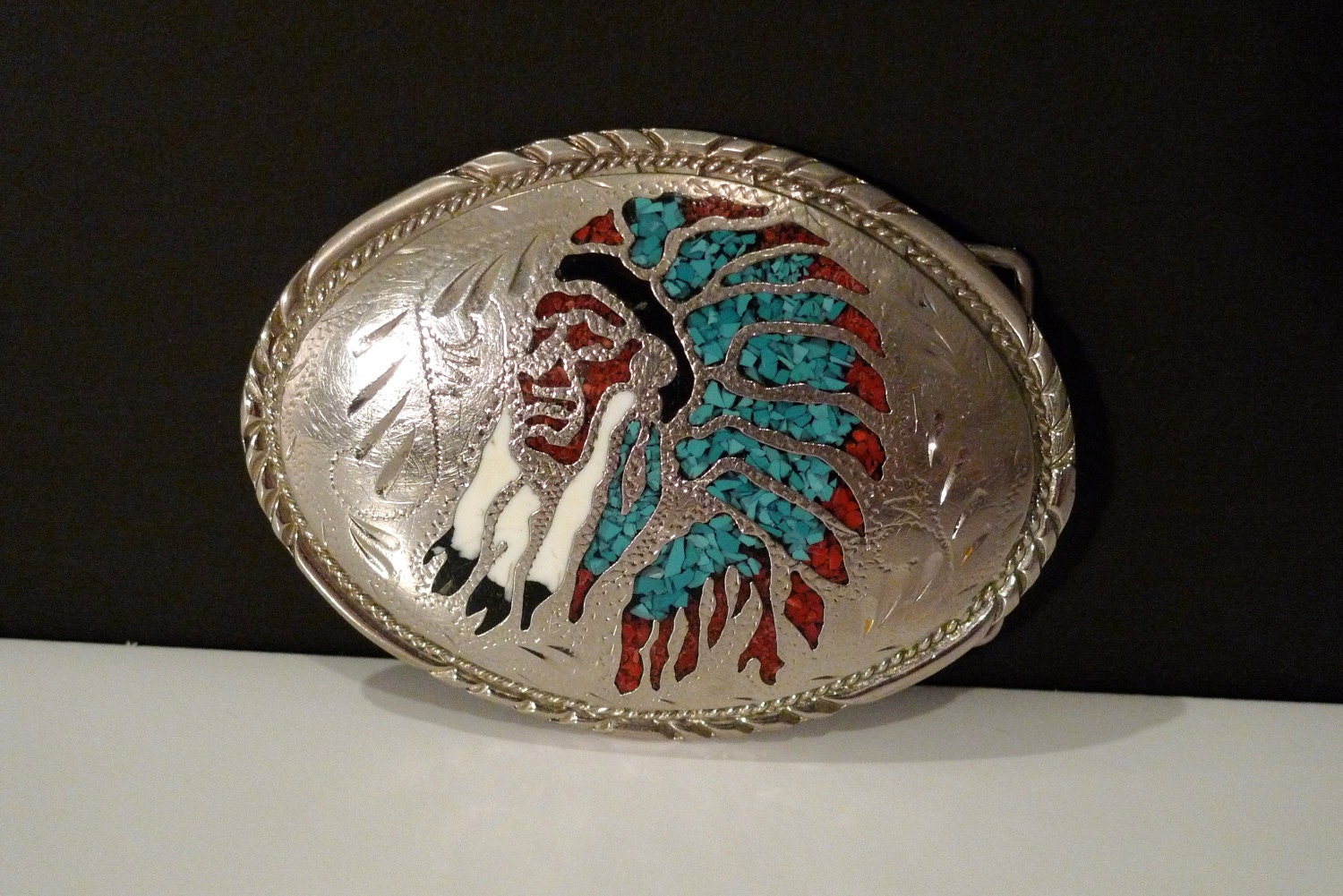 Indian Belt Buckle Turquoise Coral Silver SSI Native American Indian Tribal Vintage Retro Cowgirl Rockabilly Western FREE SHIP