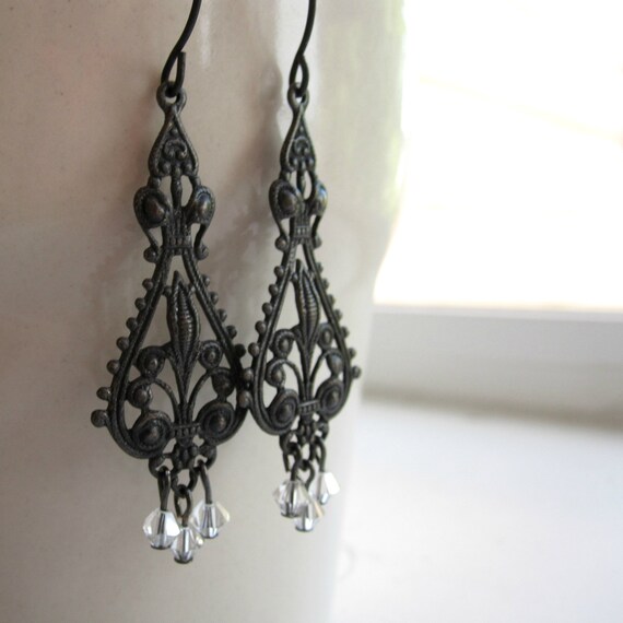 Black Filigree Earrings - Dangle Earrings - Crystals - Black Earrings - Gift Under 30 - Exotic - Unique - Gothic - Long Earrings