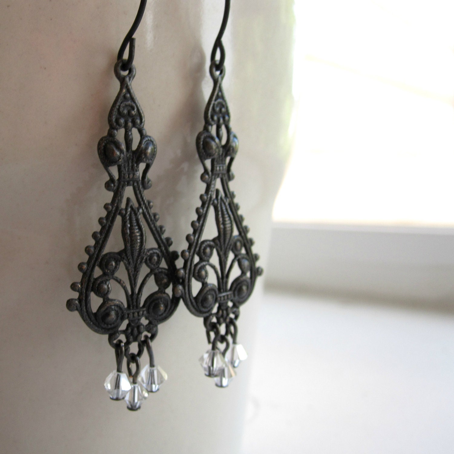 Black Filigree Earrings - Dangle Earrings - Crystals - Black Earrings - Gift Under 30 - Exotic - Unique - Gothic - Long Earrings