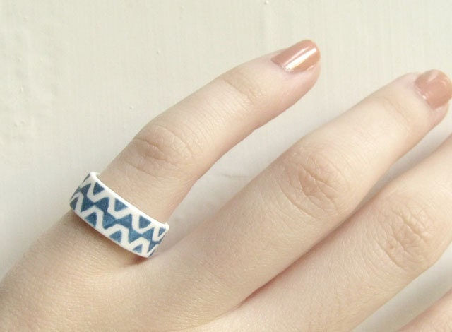 Ceramic Rings - Teal Zig Zag Porcelain Ring