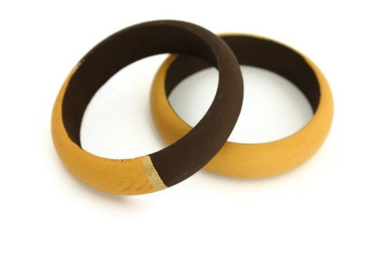 Sale Wood bangle chocolate and ochre yellow color block  fall fashion gifts for her - Ahkriti