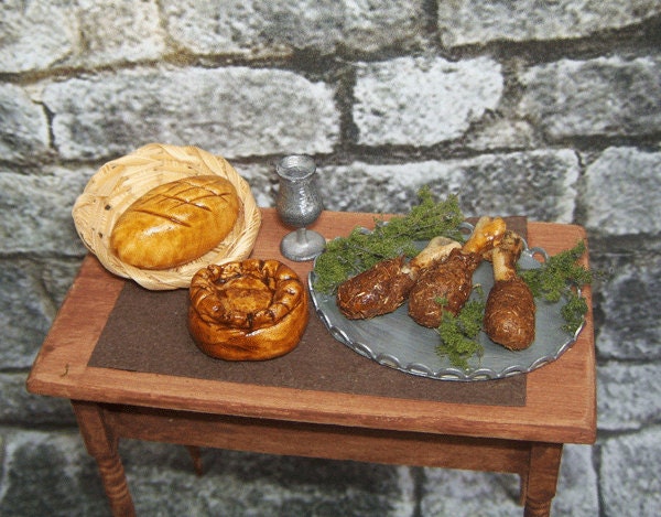 Miniature Medieval CHICKEN FEAST Renaissance Tudor Castle Food Meal Dinner Bread