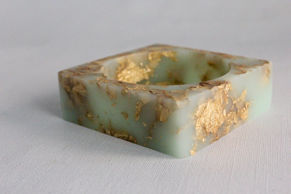 mint gold eco resin square bangle with suspended gold leaf