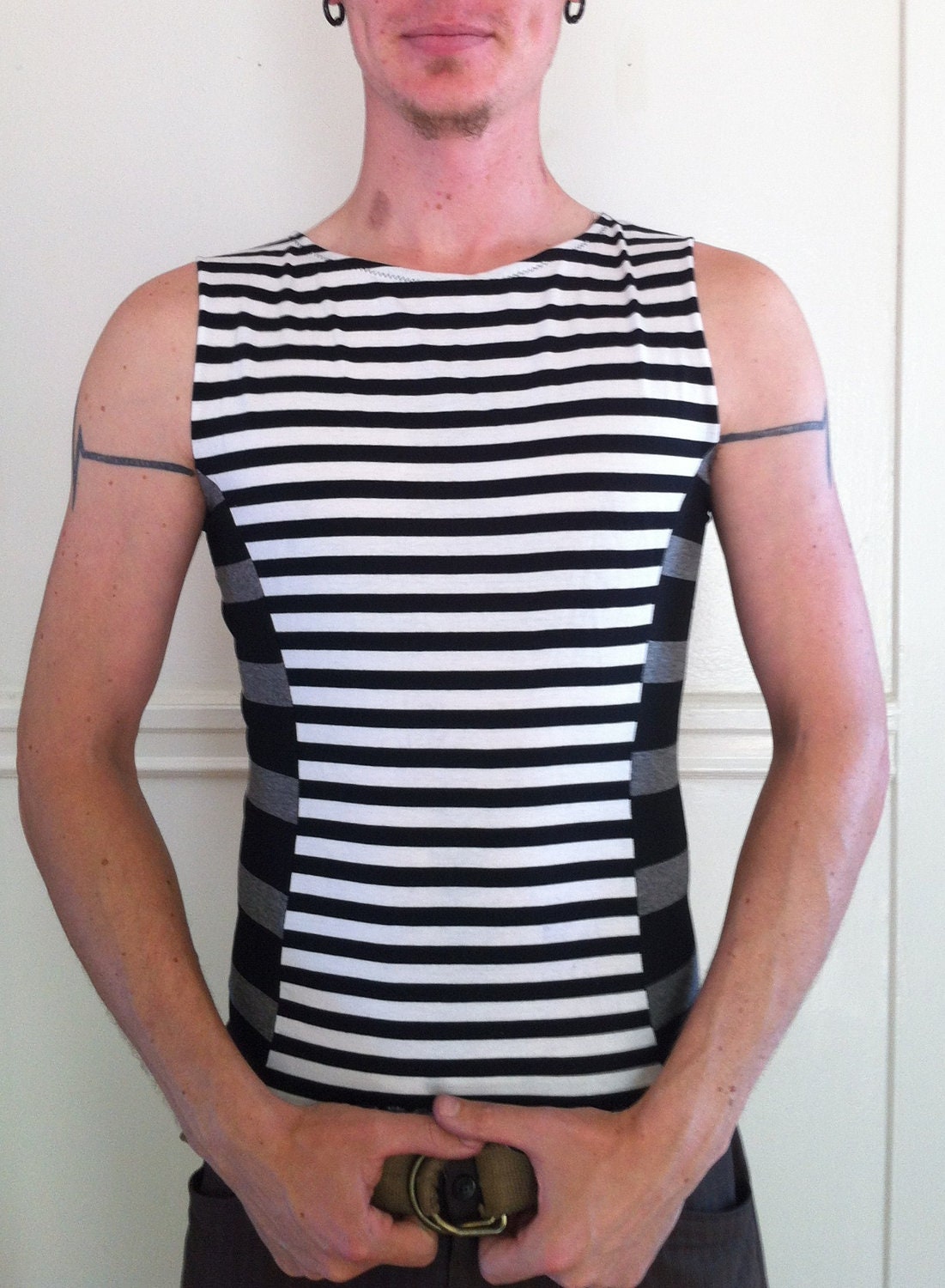 Mens Shirt colorblock two-tone cyber Pirate Burning Man raver stripe tribal festival eco friendly sleeveless tank