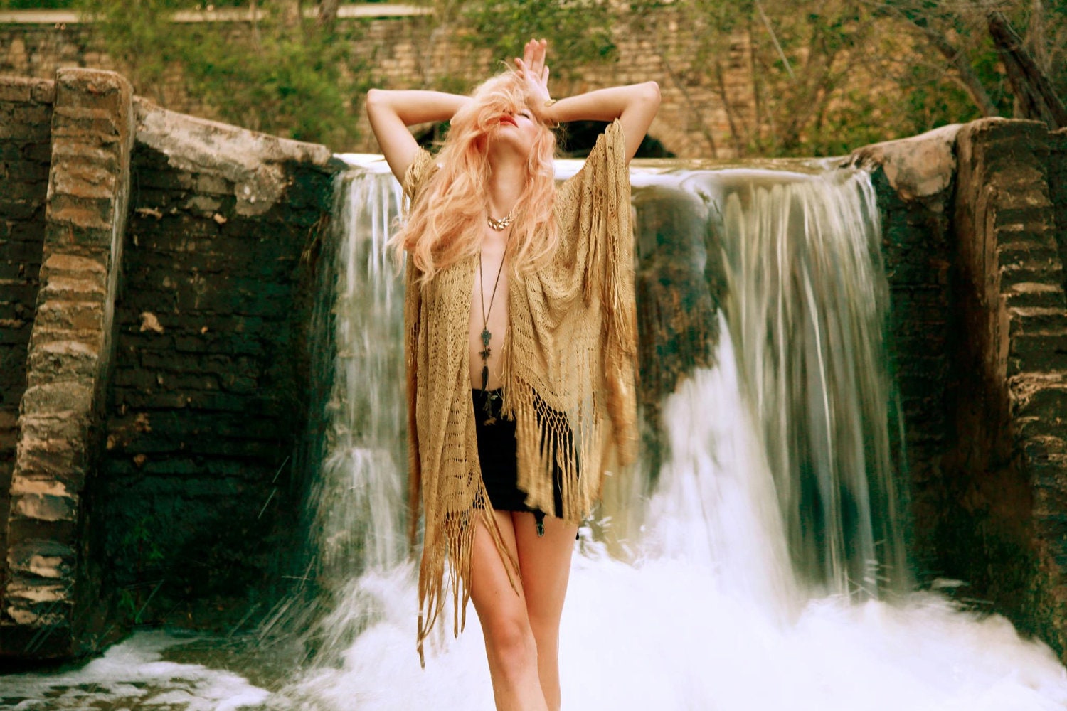 Vintage Heavy Shawl with Fringe Beige Tan