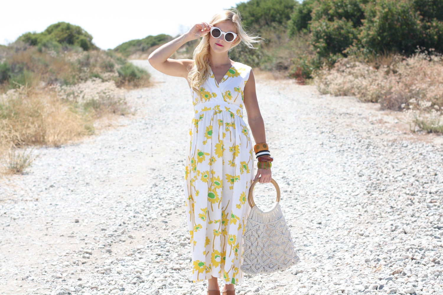 VTG 1960s 60s Yellow and Green Floral Maxi Dress S/M