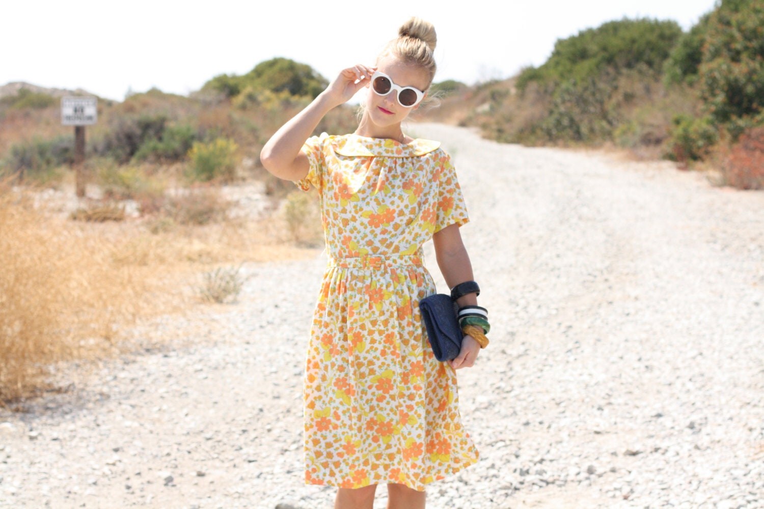 VTG 1950s 50s Orange & Yellow Floral Dress w/ Matching Waistbelt S/M