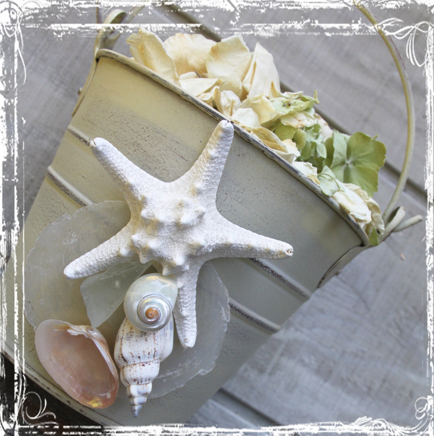 Sandcastle Flowergirl Bucket - Basket - Beach Weddings - Coastal Ocean Sea Wedding Decor Destination Starfish Seashells - White Wash - sparkleandposy