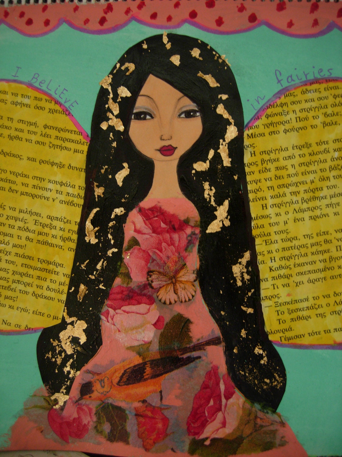 I Believe In Fairies -Original mixed media painting and collage on watercolor paper by a Pink Dreamer
