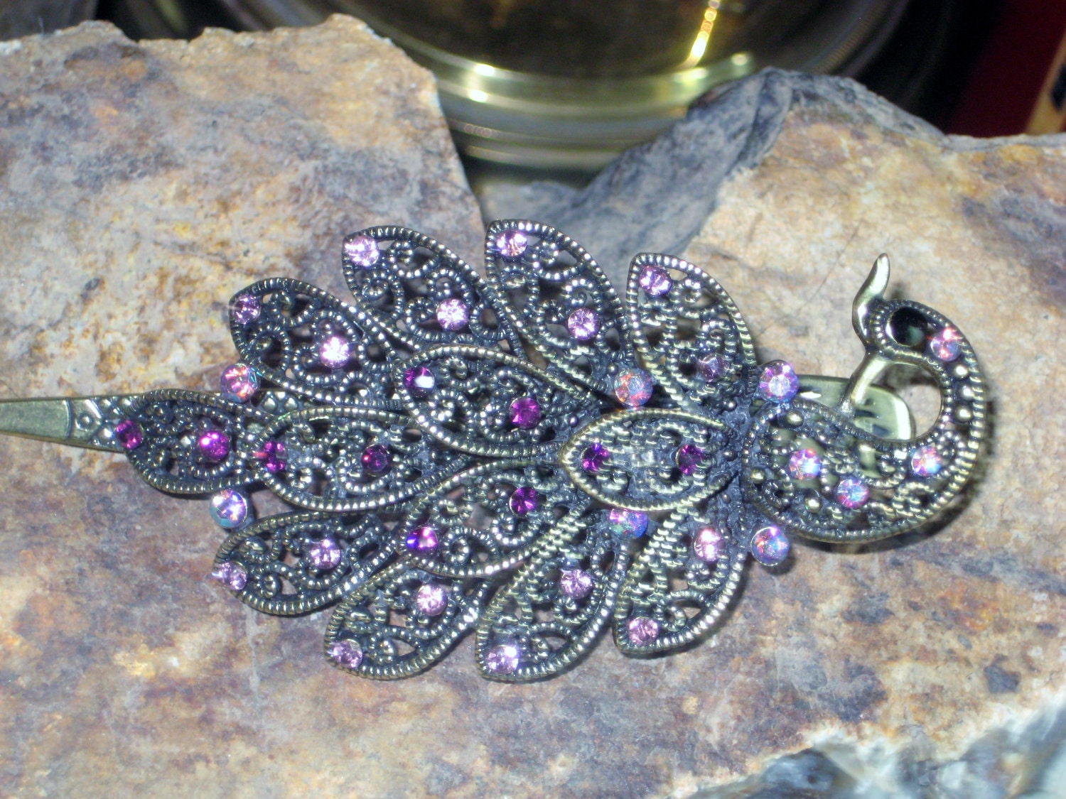 TREASURY iTem Vintage Peacock RED Pink Hair Clip Bling Swarorski Crystals Rhinestones XX Large Wedding Party Art Deco Barrette