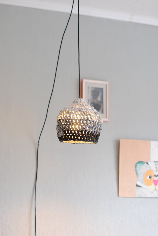 Pendant lamp in gray gradient. Eco design. Hand crocheted
