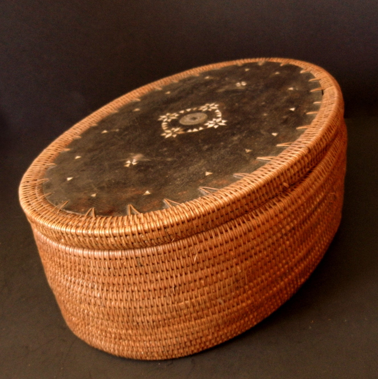 Exotic Woven BASKET w/Lid / Mother of Pearl Inlay / Wood / Brass Chinese Coin / Culturally Ethnic / Eclectic / 13" / est 255
