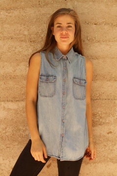 90s Deep BLUE faded oxford denim TWIN PEAKS leo collared Tank Top shirt