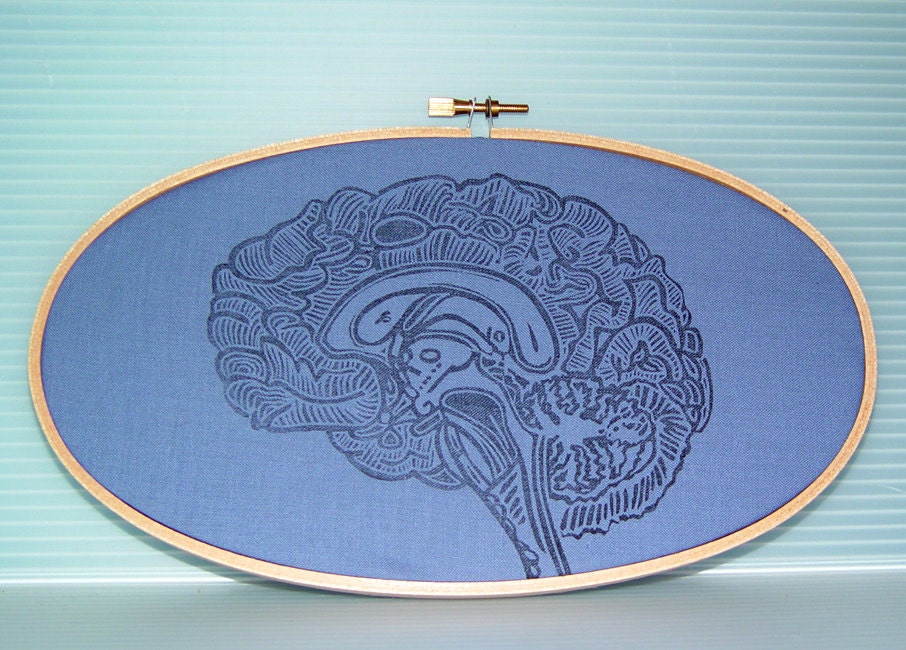 Embroidery Hoop Art- Blue Brain Linocut- Geekery Techie Science- 5.5 x 9.5 inch  14 x 24 cm