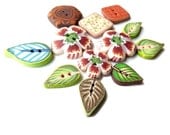 Set of 12 Flower Leaf BUTTONS, Kaleidoscope Geometric - handmade POLYMER CLAY, green brown cream gold orange caramel pink