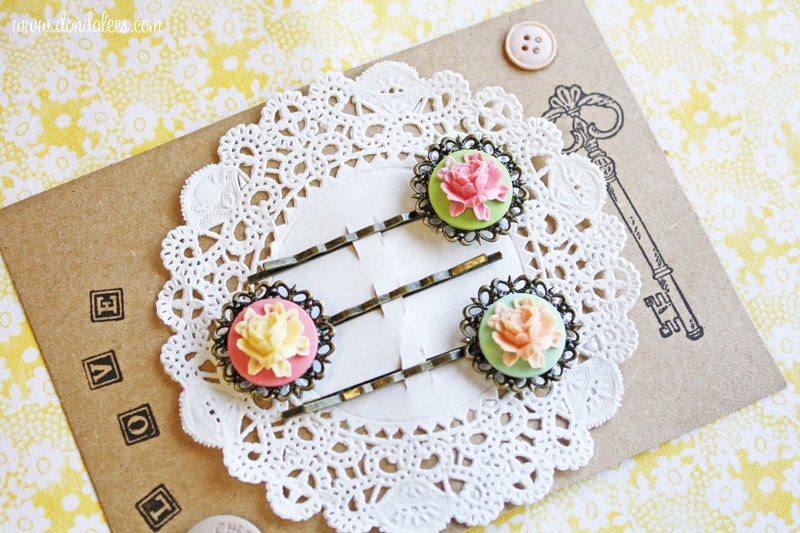 Shabby Chic Cameo Rose Hair Pins- Antiqued Brass Bobby Pin Set