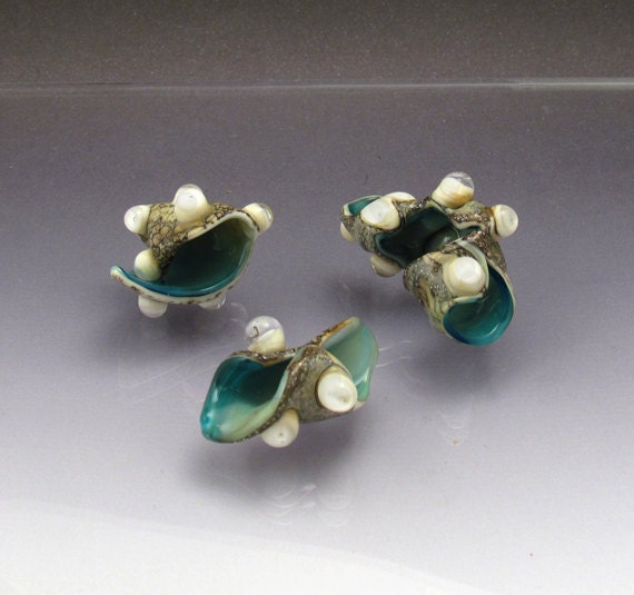 Lampwork glass bead set Teal Coral,  sculptural beads Anne Londez  SRA OOAK