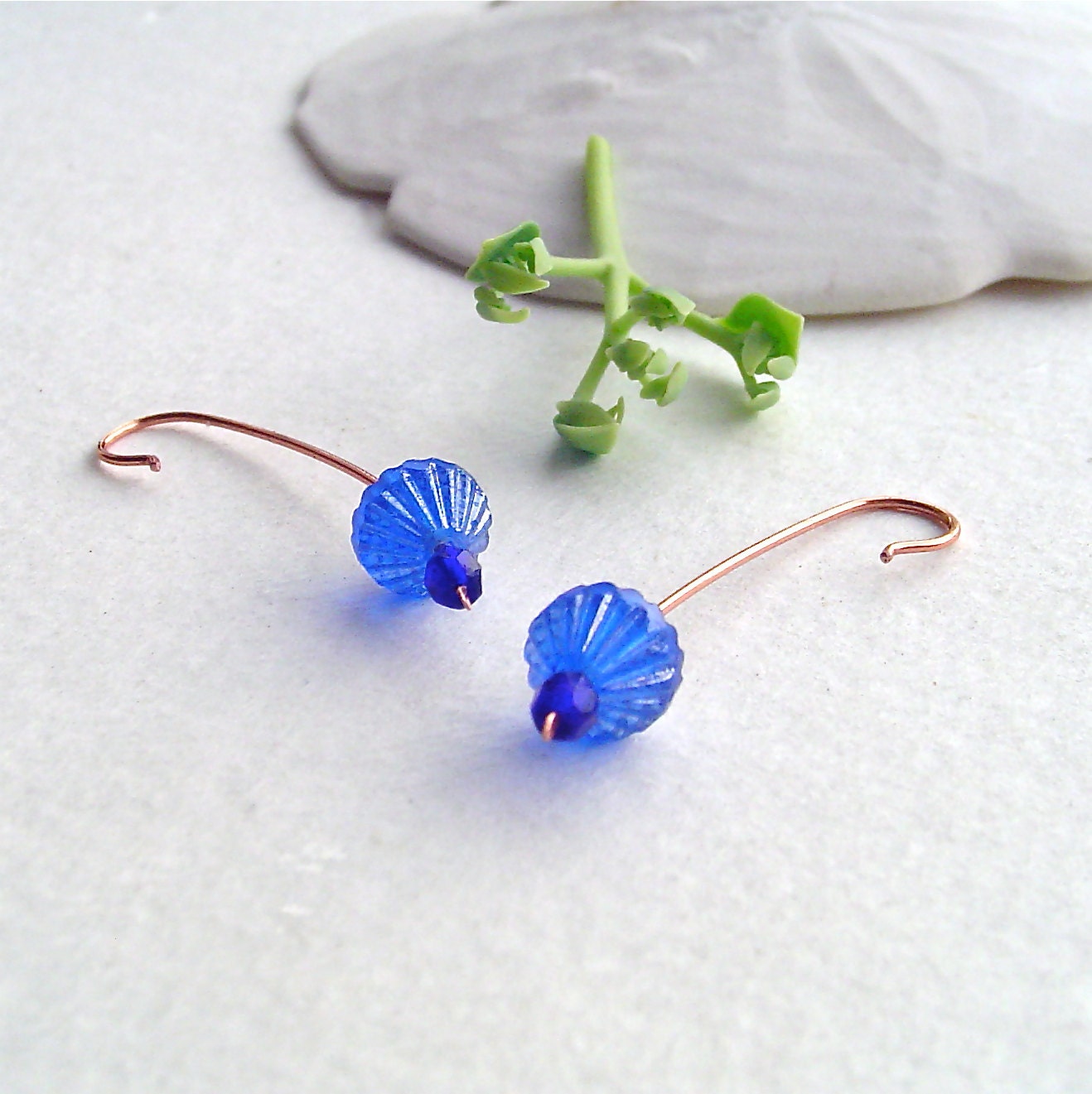 Copper stick earrings. Cobalt blue glass beaded earrings