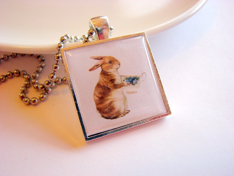 SALE Necklace - Bunny Rabbit Holding a Tea Cup - Paper Resin and Metal Pendant - Whimsical Shabby  Teacup Tea Party- With Chain