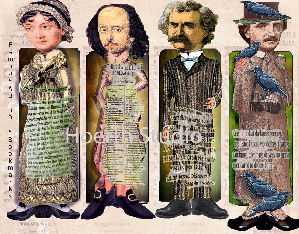 Printable Jane Austen Bookmark set- Famous Authors-Jane Austen, William Shakespeare, Twain and edgar Allen Poe