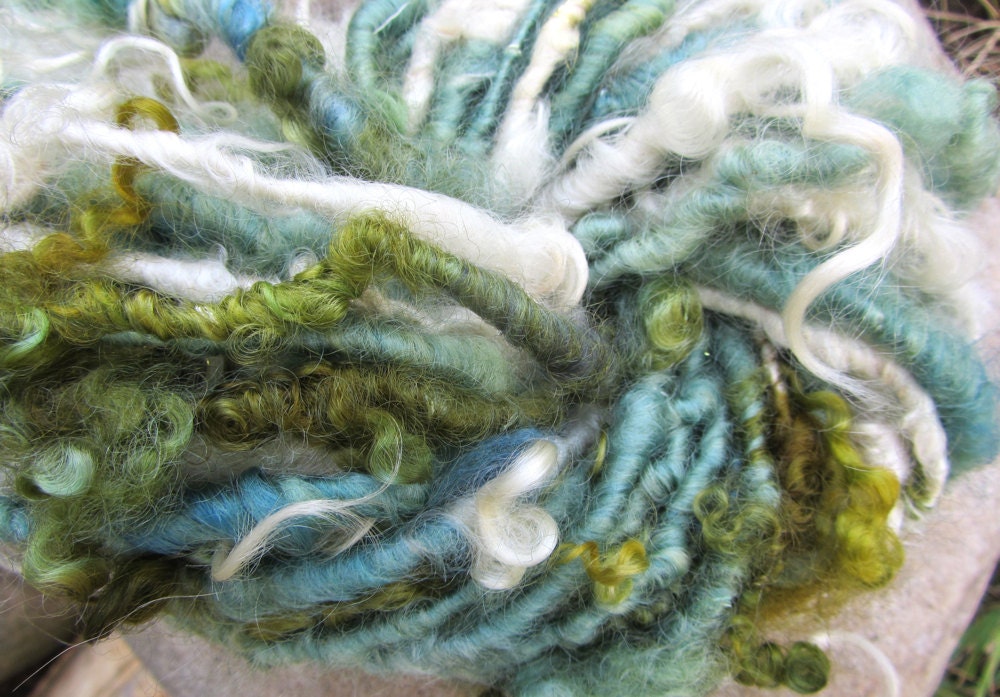 Handspun Curly Yarn Greens and White