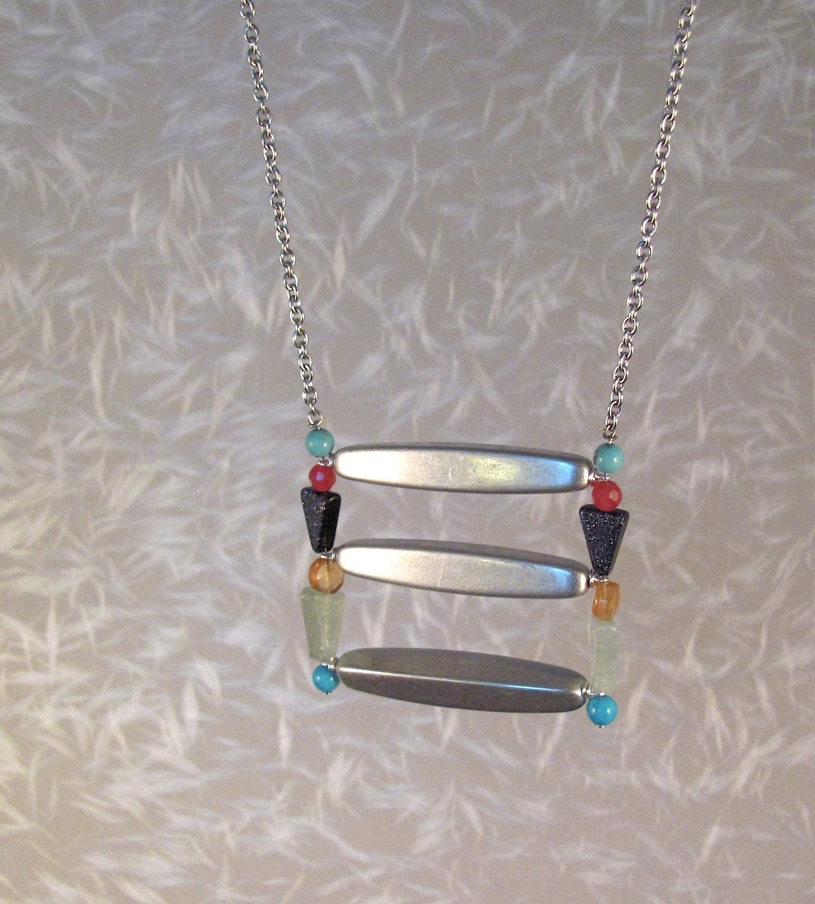 Aztec - Long Geometric Triangle Necklace, Silver Metal with Semi-Precious Stones