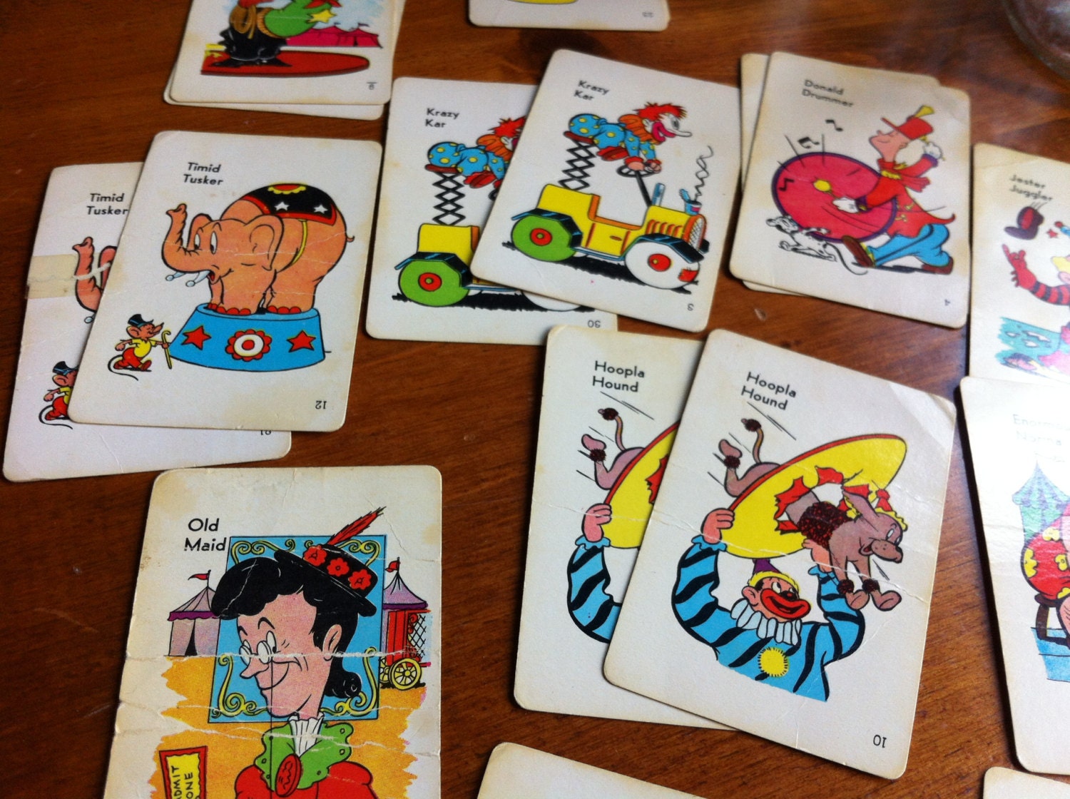 Vintage 50s Old Maid Circus Cards Game Mixed Media Paper Ephemera Bright Circus Colors Fun and Cheerful