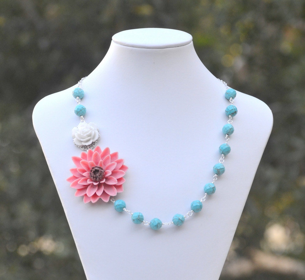 Large Coral Flower and White Rose and Turquoise Beaded Asymmetrical Statement Necklace - Bold Summer Fashion Chunky Statement Necklace