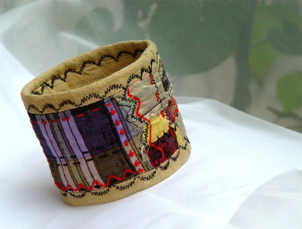SILK CUFF, Eco - Friendly Jewellery, Embroidered Bracelet, Purple Red, Women Accessory, Gift Idea