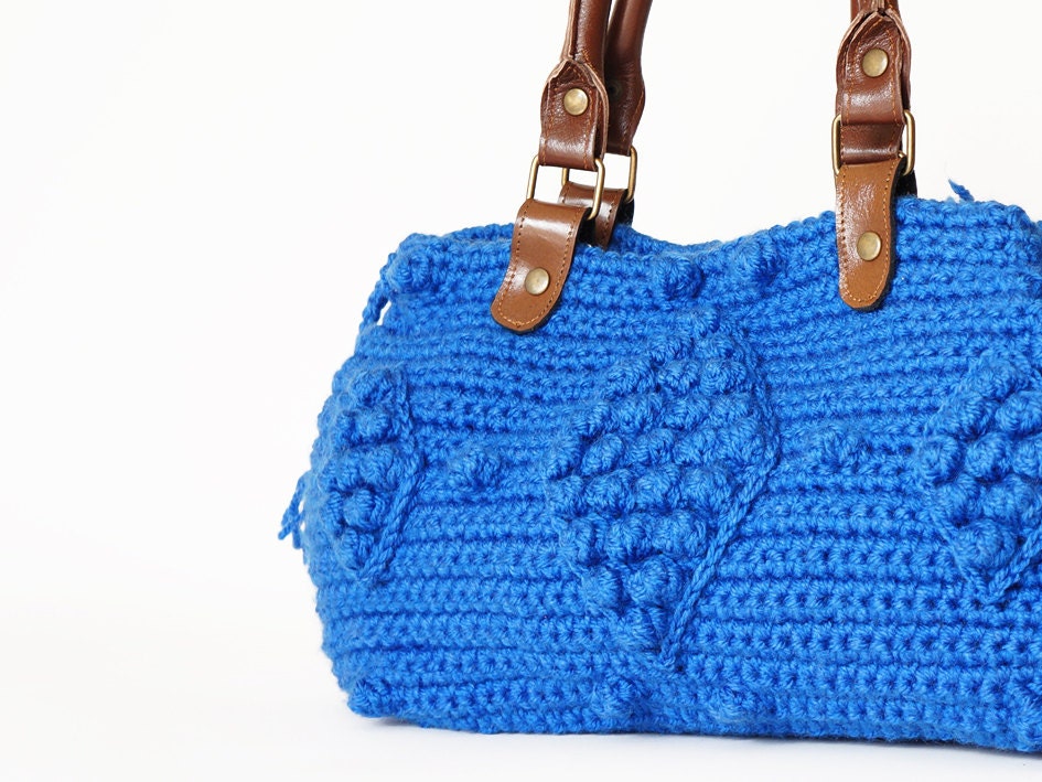 Blue Crocheted Handbag -handbag Celebrity Style With Genuine Leather Straps / Handles/crochet bag / gray bag