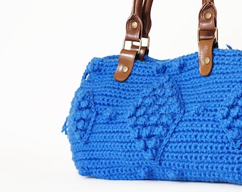 Blue Crocheted Handbag -handbag Celebrity Style With Genuine Leather Straps / Handles/crochet bag / gray bag