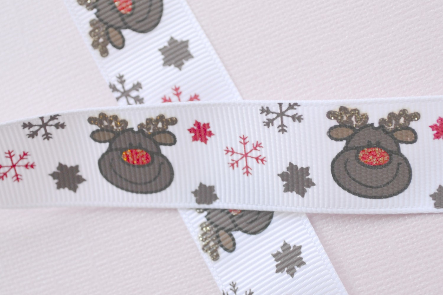 Snowflakes amd reindeer on white 7/8" grosgrain ribbon Christmas Il_570xn
