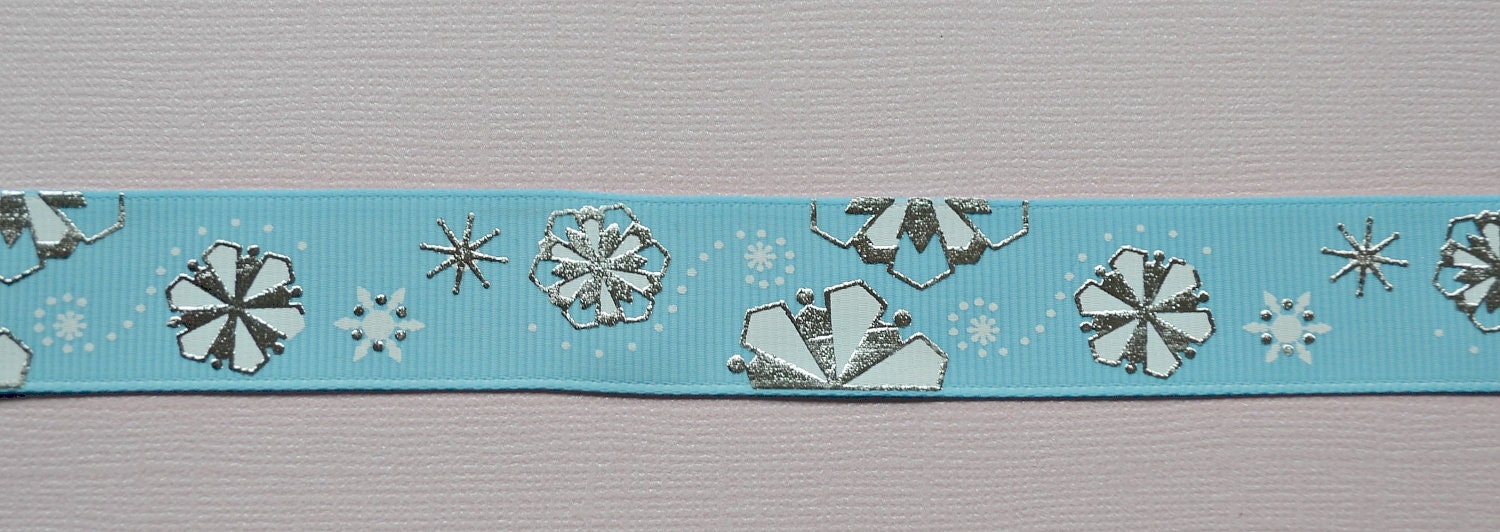 Elegant silver Snowflakes on baby blue 7/8" grosgrain ribbon Christmas Il_570xn