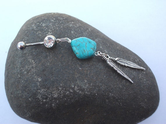 Turquoise Chunk with Feather Dangle Belly Ring 14 Gauge