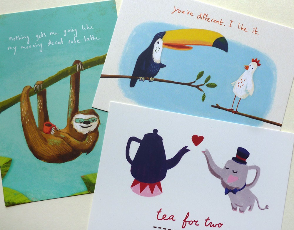 postcards art print - set of 6 - tucan, chicken, teapot, sloth, elephant, coffee