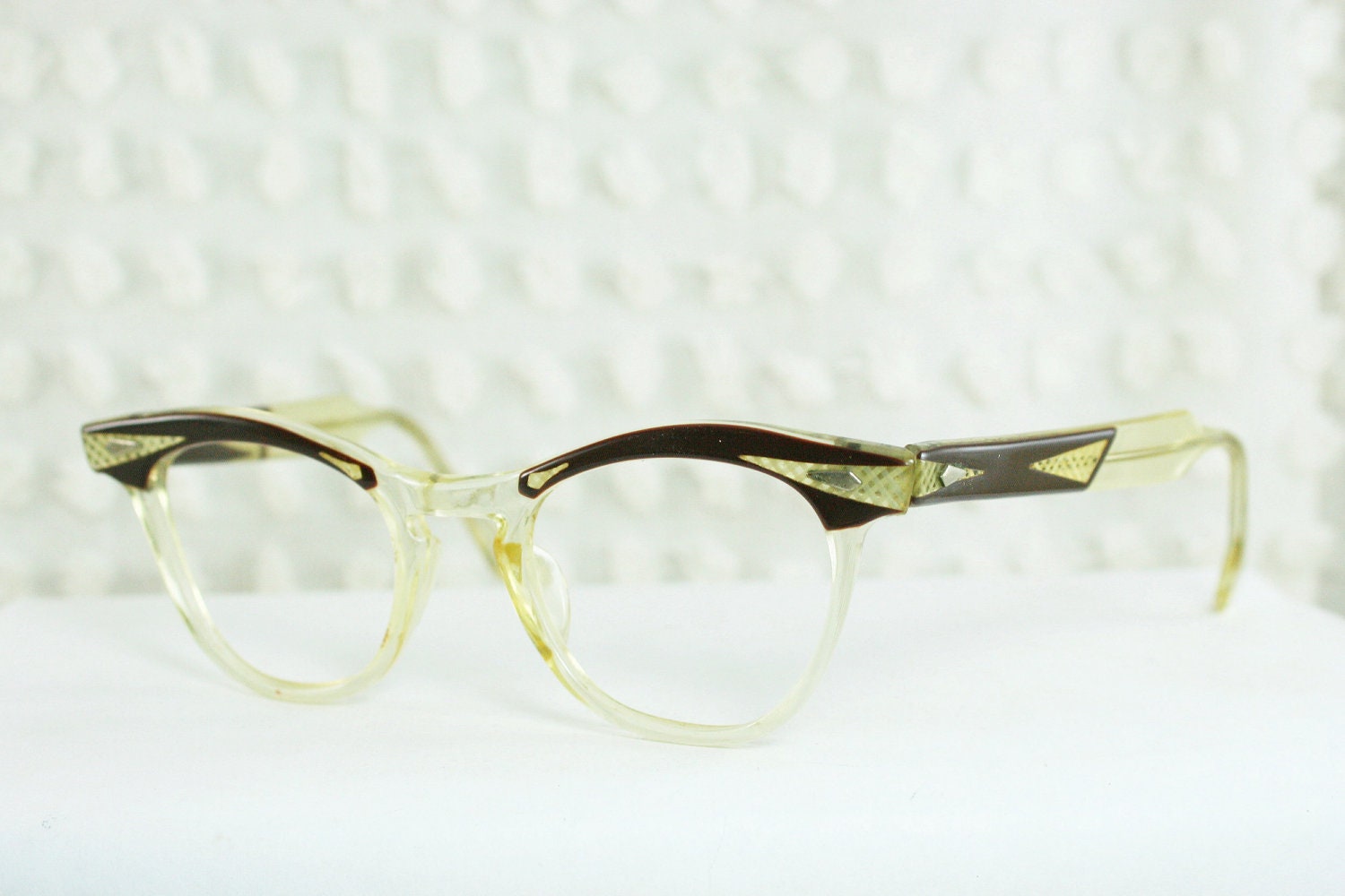 50s Cat Eye Glasses Vintage 1960s Eyeglasses Brown Browline Yellow Gingham Translucent 45/20 Fairfield Optical Frame