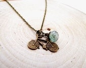 bicycle necklace - antiqued brass charm, green mystic quartz faceted briolette gifts under 25