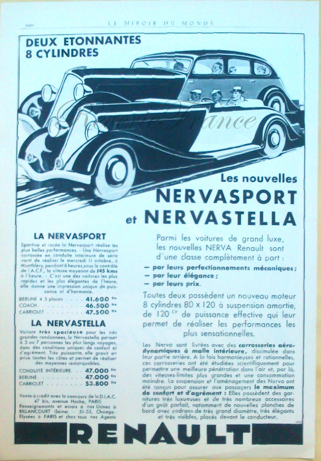 KZ et original Vintage Ad Franais Renault Automobile 1933 Nervasport