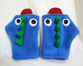 blue "monster mittens" - fingerless fleece gloves, medium to large