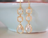Dangle Earrings Gold, Sparkling Clear Glass, Bridesmaids Jewelry, Bridesmaid gifts, Everyday earrings