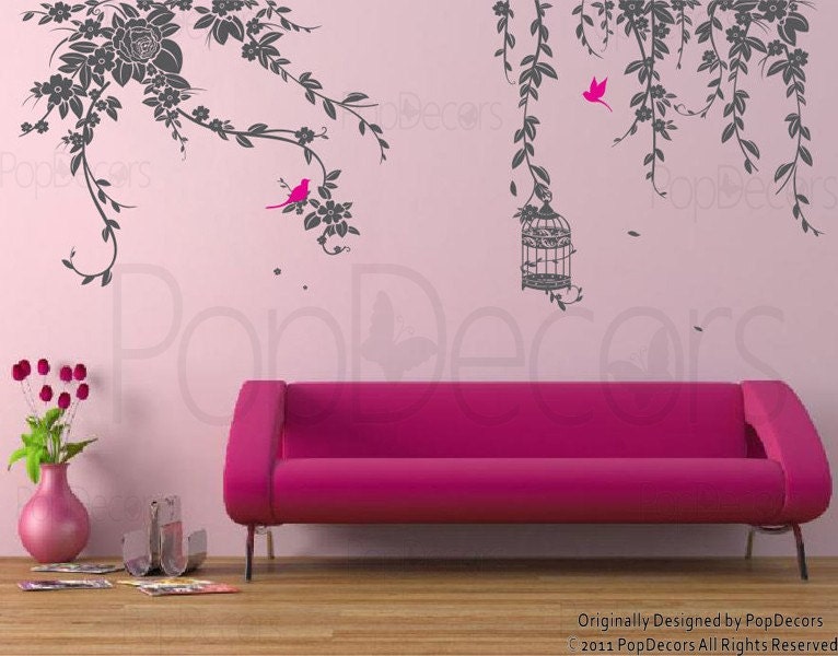 Nature Design Wall Decals Nursery room decal- Elegant Leaves, Bird Cage with Flying Birds (122 inch W)- Designed by Pop Decors